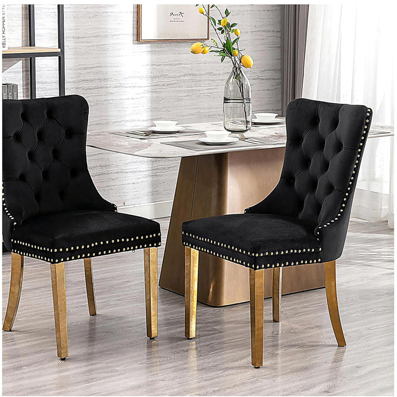 Tufted Solid Wood Contemporary Velvet Upholstered Dining Chair with Golden Stainless Steel Plating Legs,Nailhead Trim,Set of 2