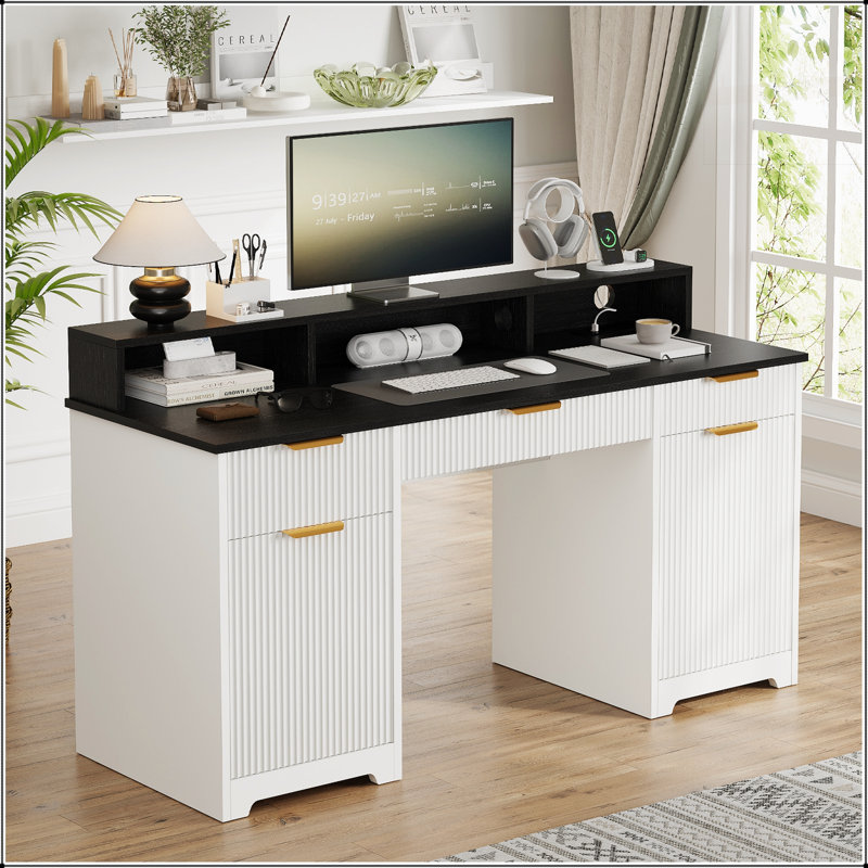 Bureau de direction avec prises de courant, support pour écran, tiroir à clavier et classeurs pour usage domestique et professionnel