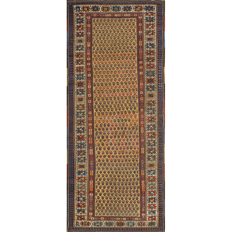 Gold Antique Tribal Paisley Pattern Caucasian Knotted Rug