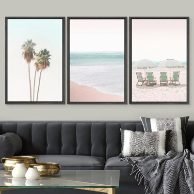 Beach And Plants " Retro Vintage Pastel Tropical Island Beach Coastal Nautical Photography Modern Art Seascape Relax " 3 - Pieces