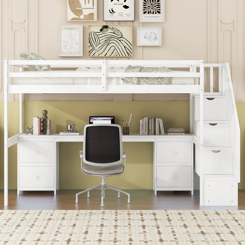 Structure de lit simple de taille mezzanine avec bureau intégré et tiroirs de rangement doubles, Blanc