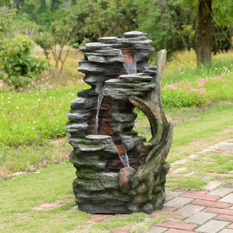 Fontaine d'extérieur Rustic Stream avec éclairage DEL, débit réglable et fabrication durable résistante aux intempéries
