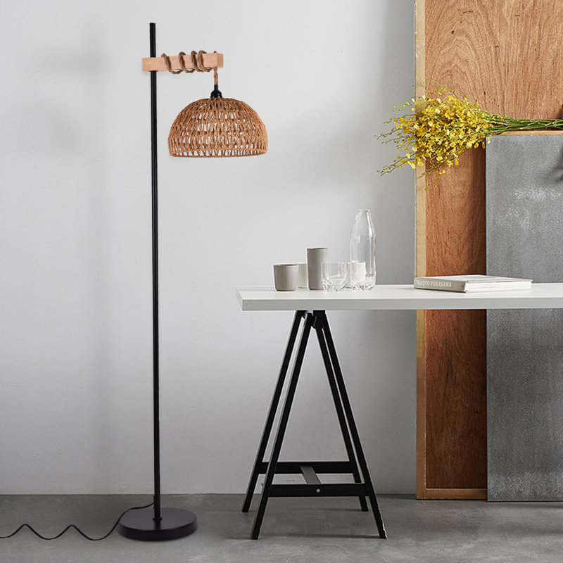 Varkins 1-Light Tall Standing Lamp with Rattan Lampshade