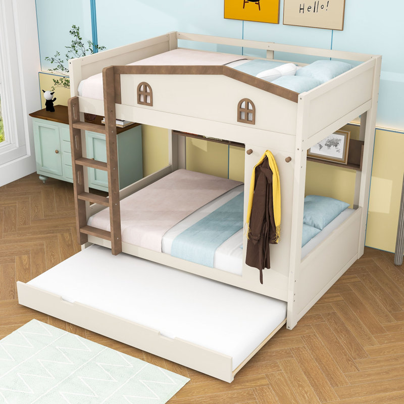 Lit superposé en bois avec lit gigogne, tablettes latérales et échelle, Lit superposé double sur double, Beige / Naturel
