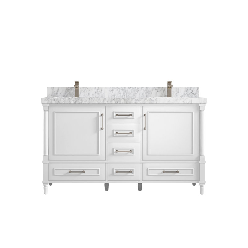 Aberdeen 60" White Solid Wood Double Sink Vanity with Carrara Marble Top