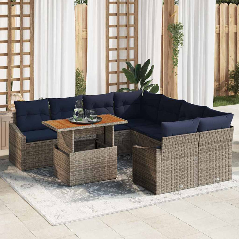  Ensemble repas de jardin avec coussin manuel 9 pièces gris et bleu marine, Coussin bleu marine / structure grise