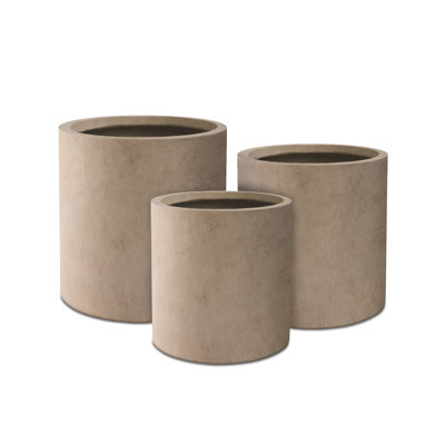 Kante 3 Piece 15.8", 12.9", and 9.8"H Cylindrical Weathered Finish Lightweight Concrete Modern Planters, Outdoor Indoor Decorative Plant Pots with Drainage Hole and Rubber Plug Set