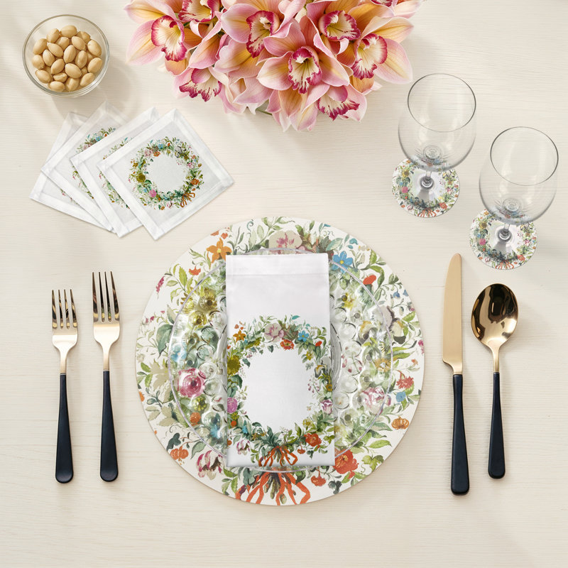 Wreath Flowers Cotton Sateen Cocktail Napkins, Gold