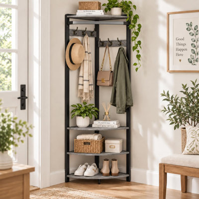 Portant de coin à vêtements avec étagères de rangement à 4 niveaux, gris et noir