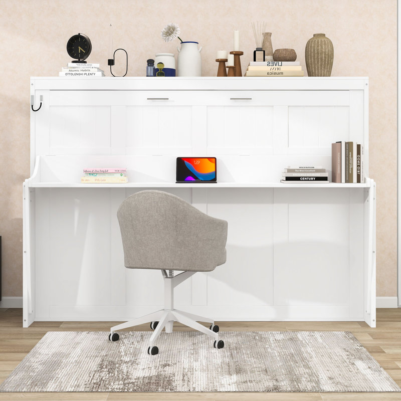 Lit escamotable en bois avec système de levage hydraulique et bureau intégré, Double, Blanc