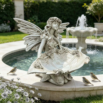 12.80 Inch High Garden Fairy Figurine, 14.37 Inch Wide Resin Angel Statue with Multi-Functional Leaf Tray for Indoor and Outdoor Use