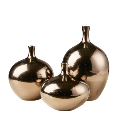 Mirrored Ceramic Decorative Vases 3 - Handmade, Rich Sheen Metallic Bronze, Different Shapes And Sizes For Indoor Shelf Accent Bronze Finish, Unique Pieces, Varying Table Or Decor