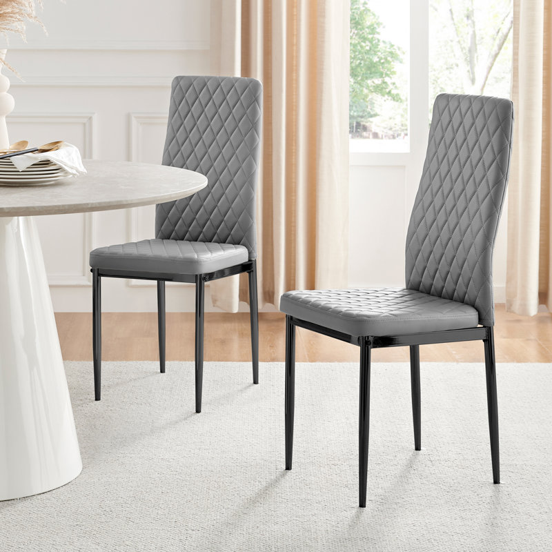 Eubanks Faux Leather Modern Tall Back Dining Chairs Set with Metal Legs & Diamond Stitching, Grey, Black