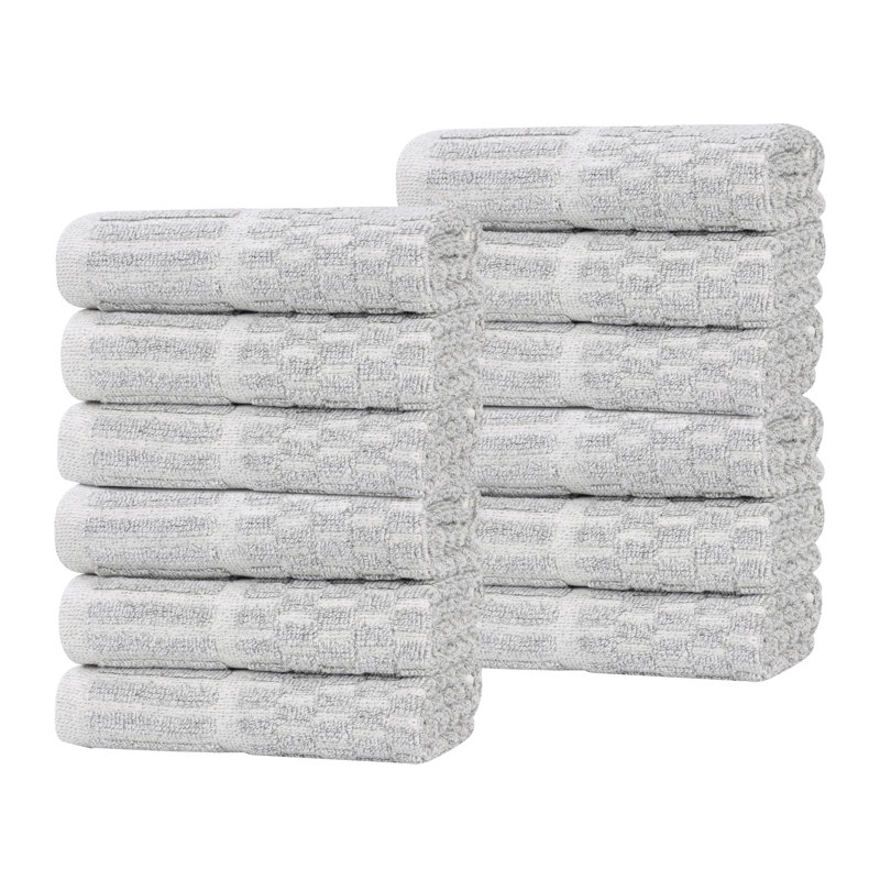 Juno Viscose Cotton Blend Medium Weight Textured Checkered Ribbed Border  Washcloth, Platinum, Washcloth - 12 Pack
