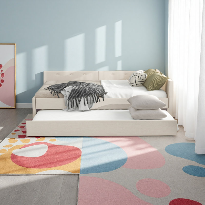 Upholstered Platform Bed With USB And Twin Size Trundle, Queen