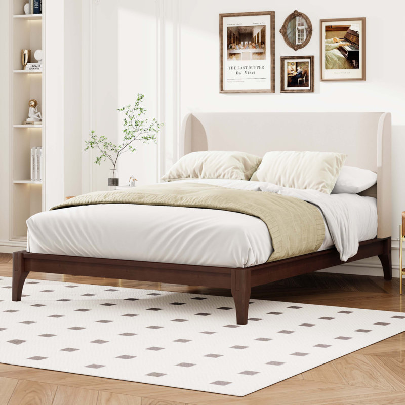 King Size Solid Dry Bamboo Wood 12 Inch Platform Bed with 48" Upholstered High Headboard