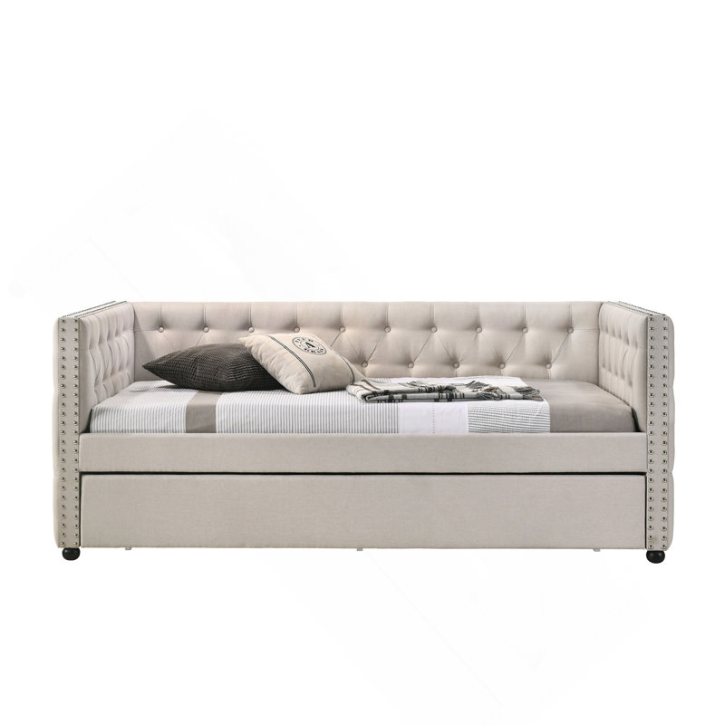 Lit de jour en tissu beige avec couchette (ensemble complet), Complet/Double, Beige