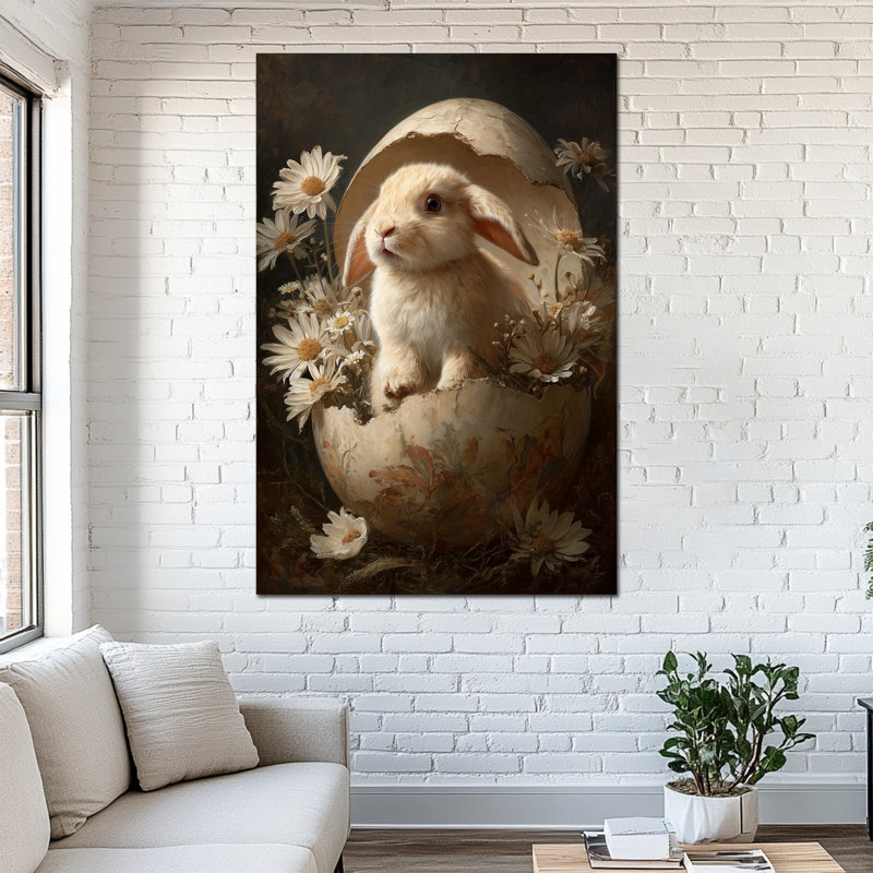 Illustration de toile de grand lapin de printemps Timuba - Art mural thématique de Pâques avec image de lapin en œuf pour décoration murale saisonnière, peinture décorative enveloppée pour décoration de maison de vacances, 32 po x 48 po