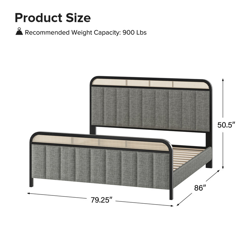 Aracellie Upholstered Solid Wood Platform Bed with Rattan Headboard Lighting, King, Gray