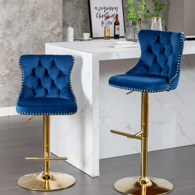 25 - 33 Inch Adjustable , Of 2 Blue Velvet, Modern With Comfortable Back For Home And Pub Kitchen Velvet Bar Stools, Seat Height Inch, Island Use