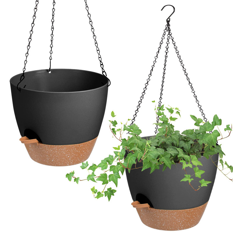 Jardinières suspendues pour plantes d'intérieur et d'extérieur, ensemble de 2 pots suspendus avec trous de drainage et plateau amovible (noir, 10 po)