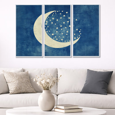 Crescent Moon in Prussian Blue - Cyanotype Wall Art Set of 3