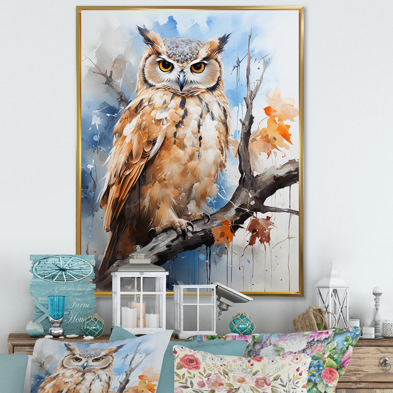 Owl Wise And Watchful prédateurs sur toile, H 32 po x l 24 po x P 1 po, Cadre flottant doré