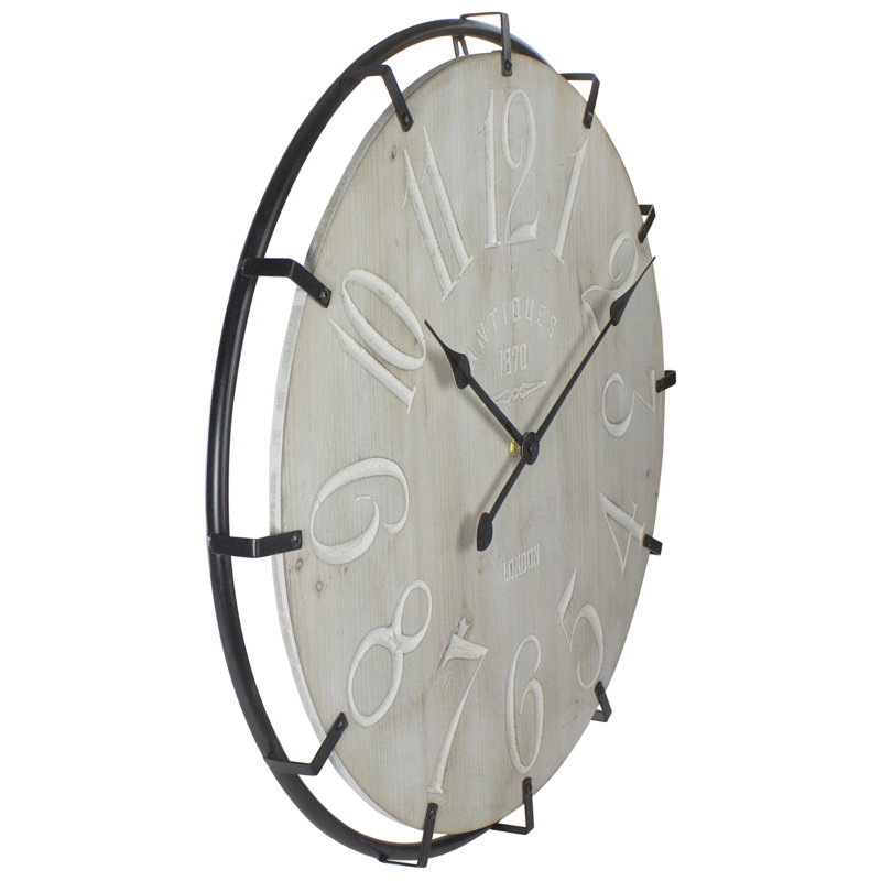 23.5" Black Metal and Light Brown Wood Rustic Round Wall Clock