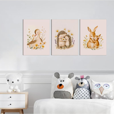 3 Pcs Animal Nursery Canvas Wall Art Picture Wall Decor Cute Rabbit Hedgehog Duck Nursery Paintings Artwork For Kids, Baby Room Home Decoration