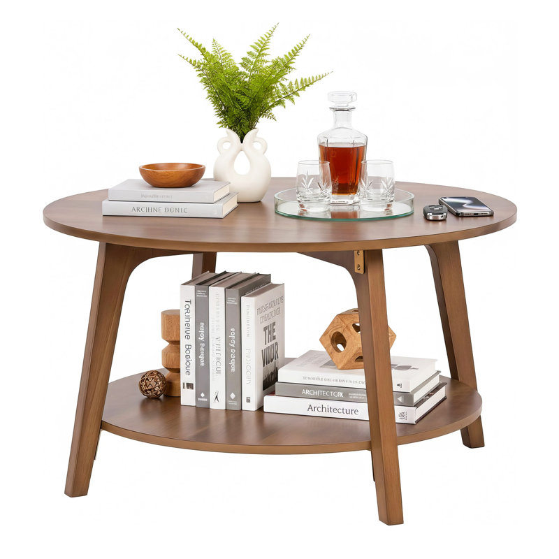 Round Coffee Table With Storage Small Space Wooden Coffee Table 2-Tier Center Table With Tapered Legs And Curved Transitions For Home Office Living Room Bed Room