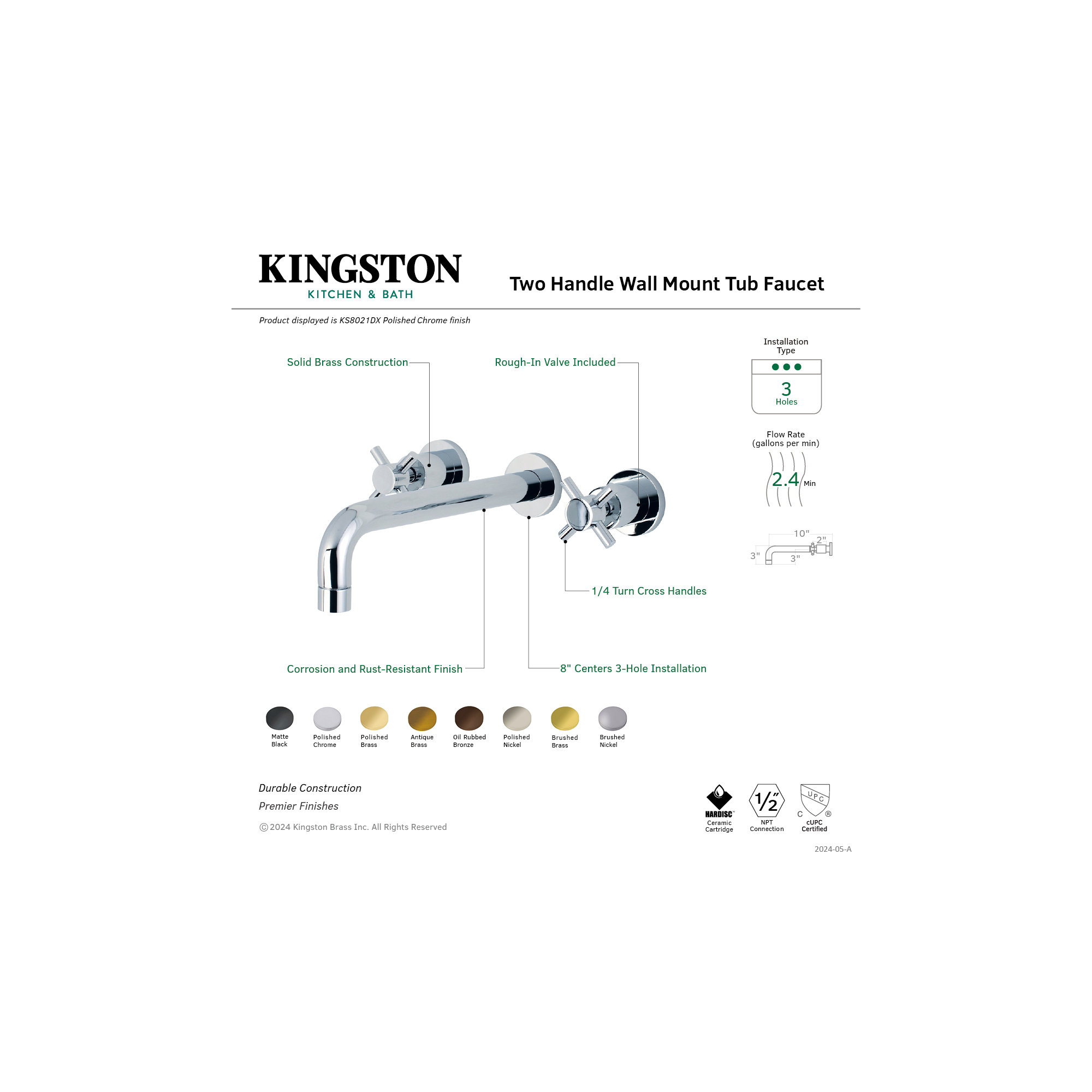 Kingston Brass Concord Two-Handle 3-Hole Wall Mount Roman Tub Faucet, Oil Rubbed Bronze, Cross Handle