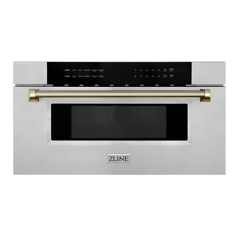 ZLINE Autograph 30 in. Microwave Drawer in Stainless Steel and Polished Gold Helix Handle, Gold