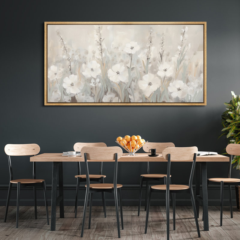 «Greenish Beige Flowers», impression sur toile encadrée de très grandes décorations murales, H 30 po x l 60 po, Naturel