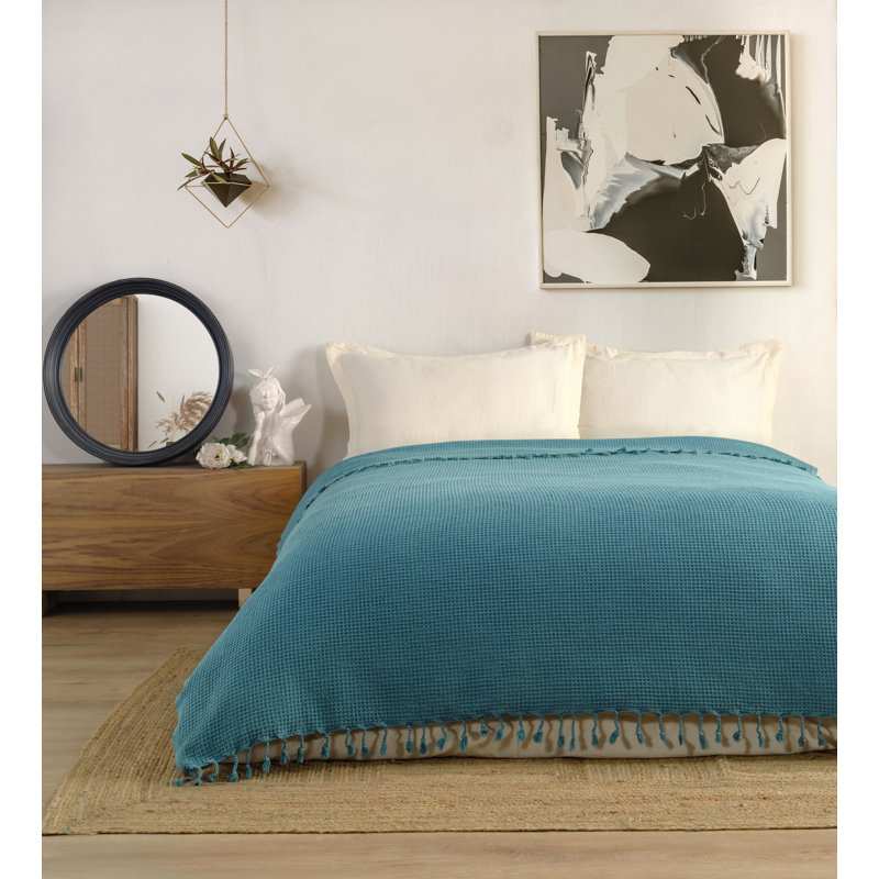 Couvre-lit en coton gaufré KAFTHAN, Très grand, Bleu sarcelle