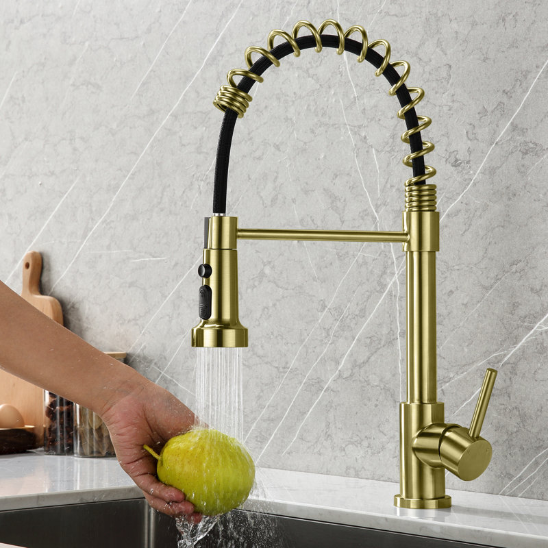 Tête de robinet de cuisine rétractable à 3 fonctions avec 11 adaptateurs, Or brossé