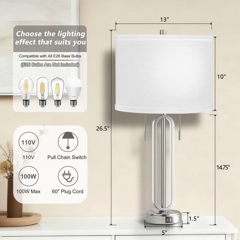 26.5'' Traditional Metal Table Lamp With Usb For Living Room/Bedroom, Polished Nickel