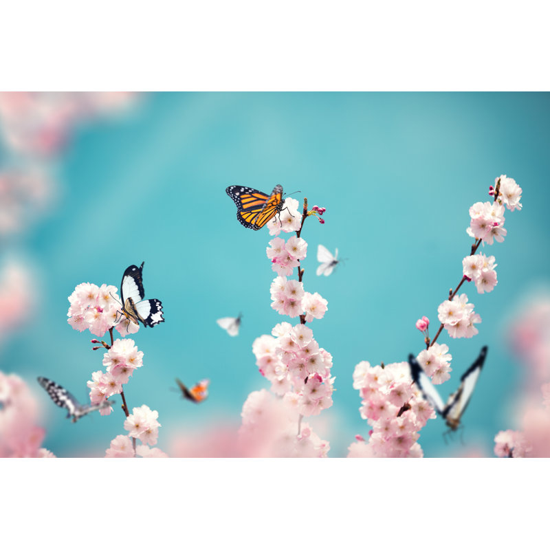 Papillons sur un arbre en fleurs par Borchee, H 32 po x l 48 po