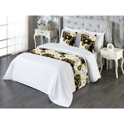 Ambesonne Victorian Bed Runner Set Baroque Curlicue Floral Mustard Black and White