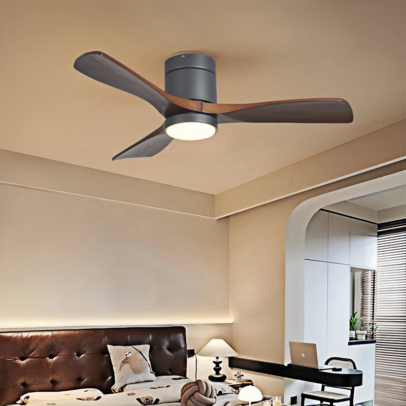Ventilateur de plafond 42 po à 3 pales avec lumière et télécommande Ventilateur de plafond encastré moderne avec pales en bois massif avec minuteur réversible à 6 vitesses 3 couleurs