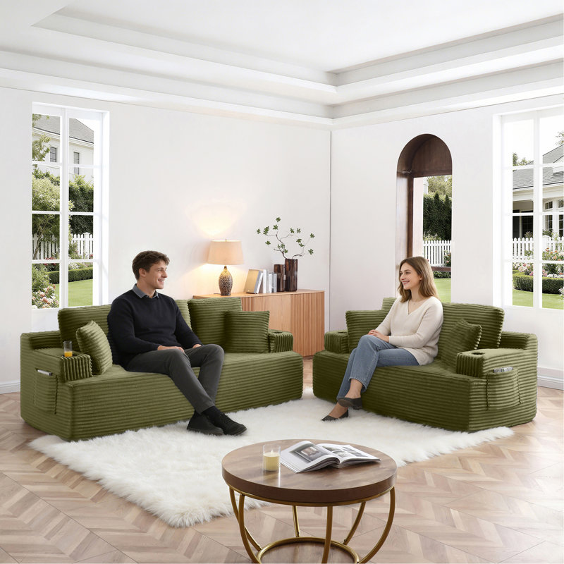 Canapé désossé avec 2 coussins supplémentaires, tissu en velours côtelé 5 places avec porte-gobelet et pochettes latérales