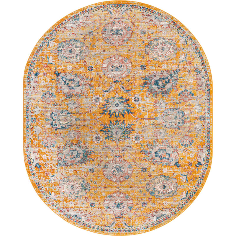 Tapis jaune à motif floral Akira, Ovale 3 pi 11 po x 5 pi 11 po