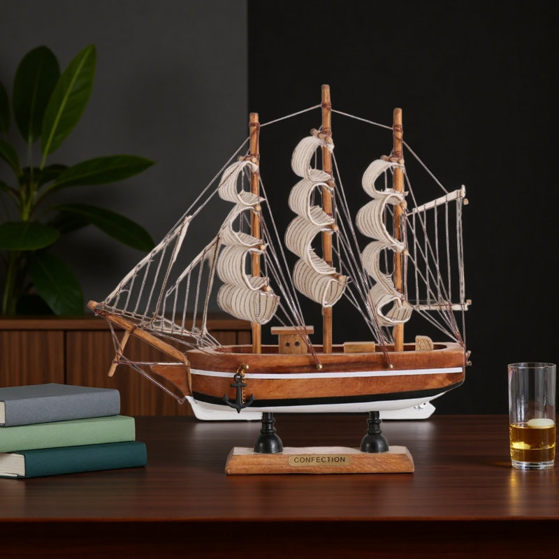 Maquette de bateau en bois, voilier et décor Mayflower, Brun