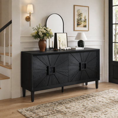 Crédence de style rustique américain de 60 pouces en noir élégant - Porte de soleil symétrique, meuble télé robuste avec tablettes réglables, armoire de rangement en bois noir