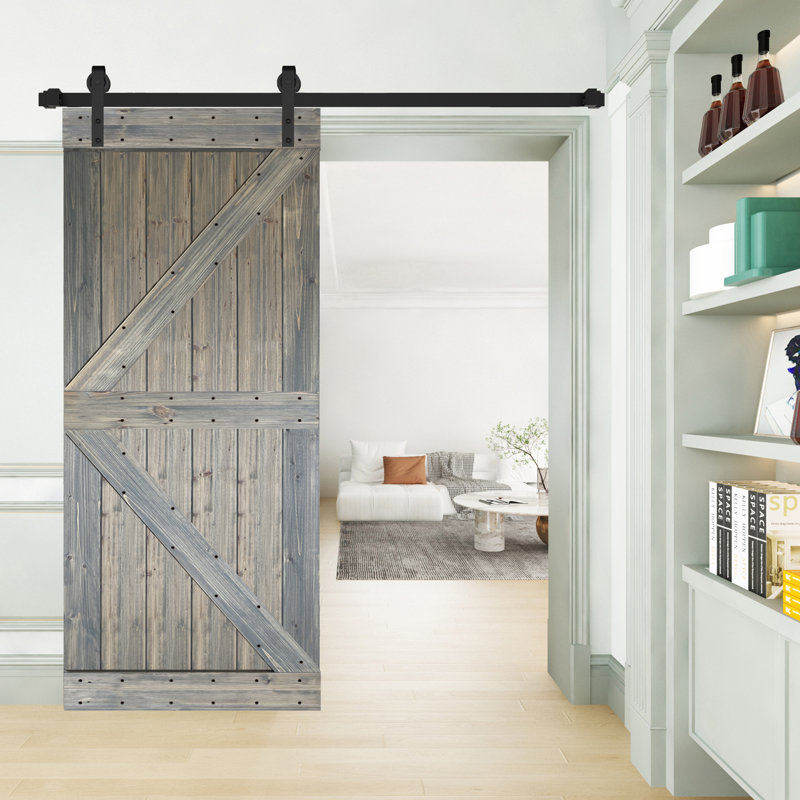 Porte de grange coulissante en bois massif de style K sans trousse de quincaillerie (dalle de porte seulement) - Assemblage requis