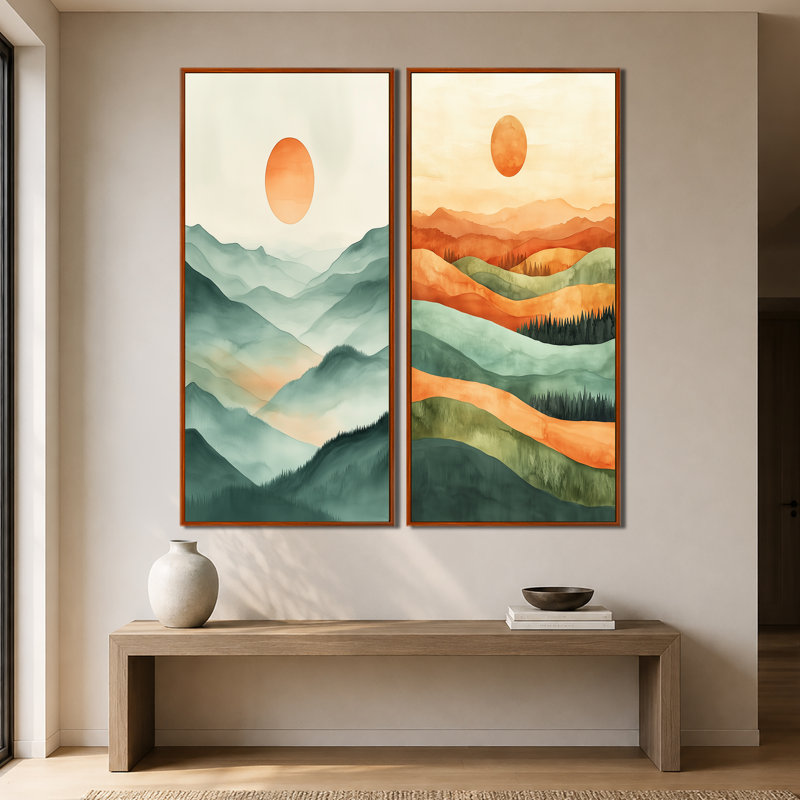 Coucher de soleil sur les collines ondulantes I - Ensemble de 2 tableaux muraux « Coucher de soleil », 60" H x 56" W