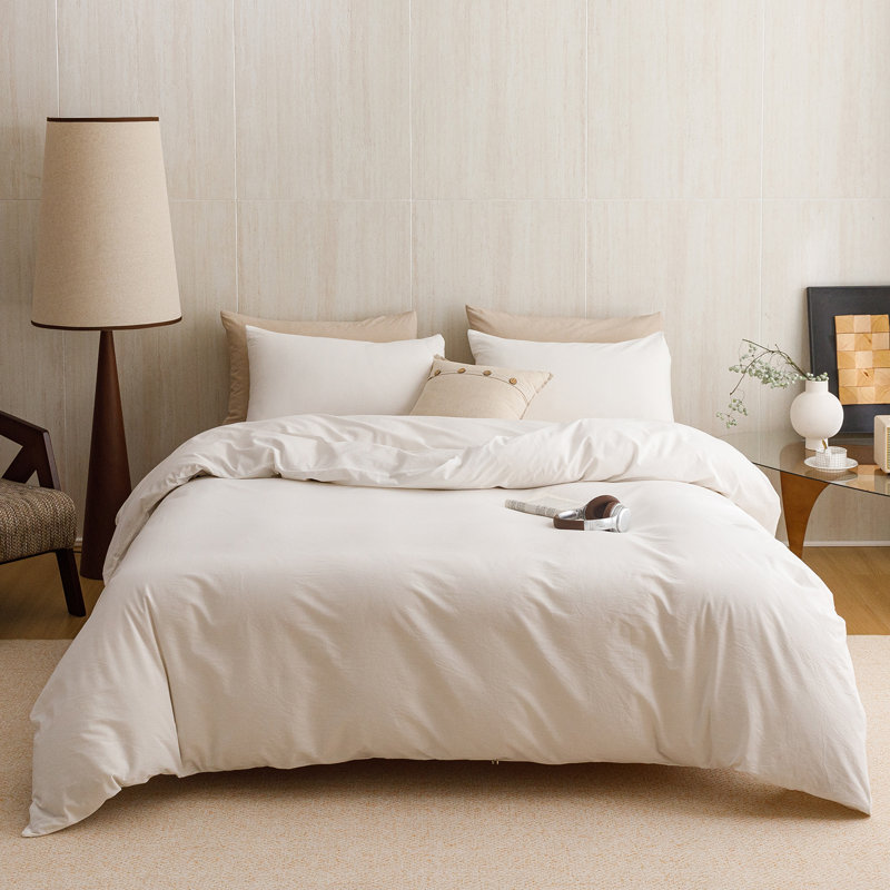Wellboo Washed Cotton Duvet Cover Set 100% Cotton Comforter Cover 3 Pcs Quilt Cover Set, Beige