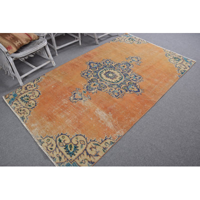 Vintage Turkish Oushak Rug with Medallion Design in Vibrant Orange for Kitchen Decor