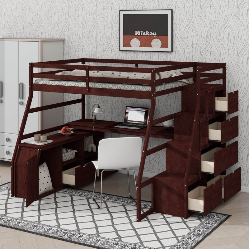 Lit mezzanine double avec 7 tiroirs, 2 tablettes à niveaux et bureau d'étude dédié, Espresso
