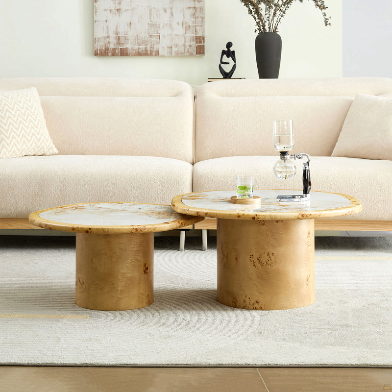 Ensemble de table basse irrégulière, 2 pièces de table basse en placage de bois de ronce, table de table en pierre frittée avec piédestal en MDF robuste, table d'appoint arrondie pour salon, bureau