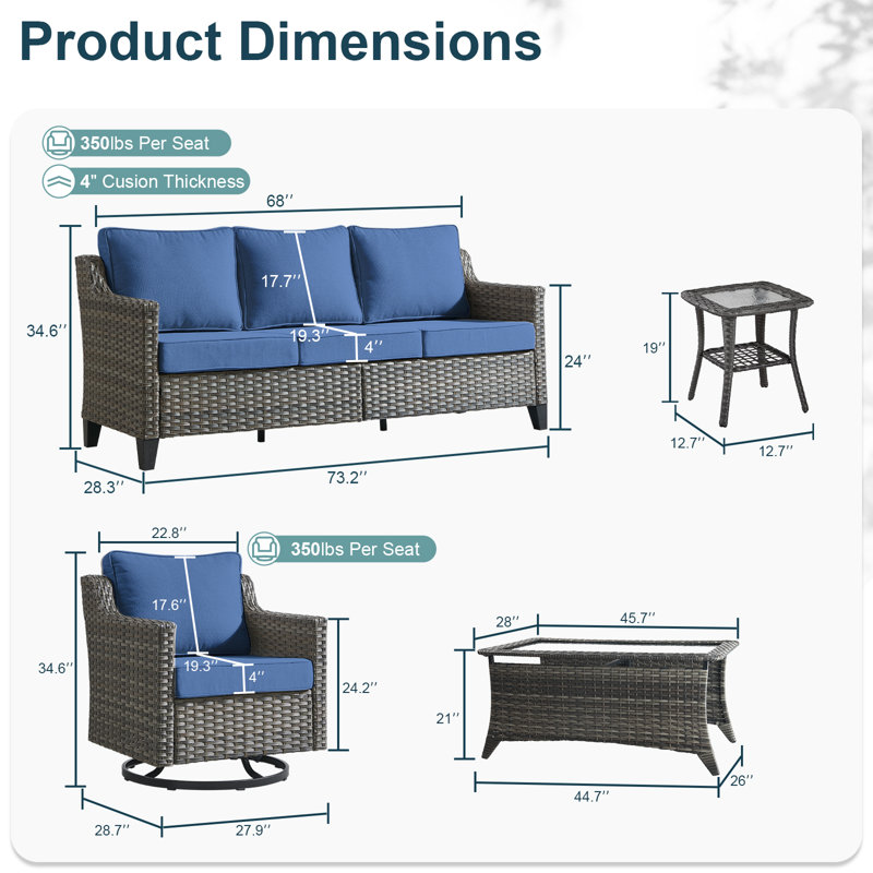 Arlene 8-Person Outdoor Wicker Family Party Conversation Set With Swivel Chairs And 45.7" Coffee Table, Blue